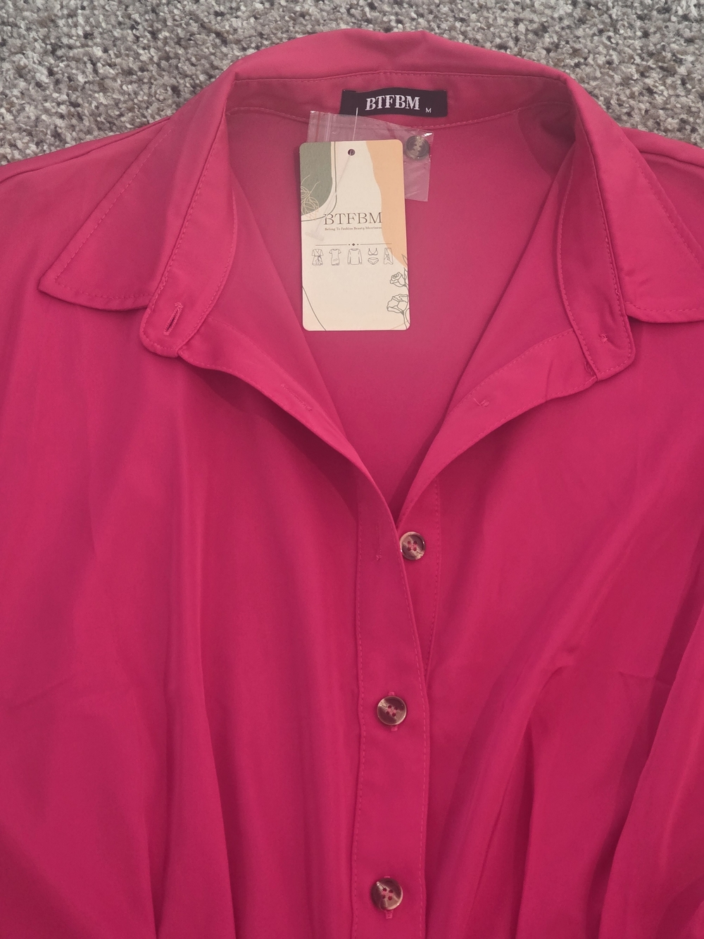 Button-Front Hot Pink/ Fuchsia Shirt Dress with Waist Tie - Picture 6 of 9